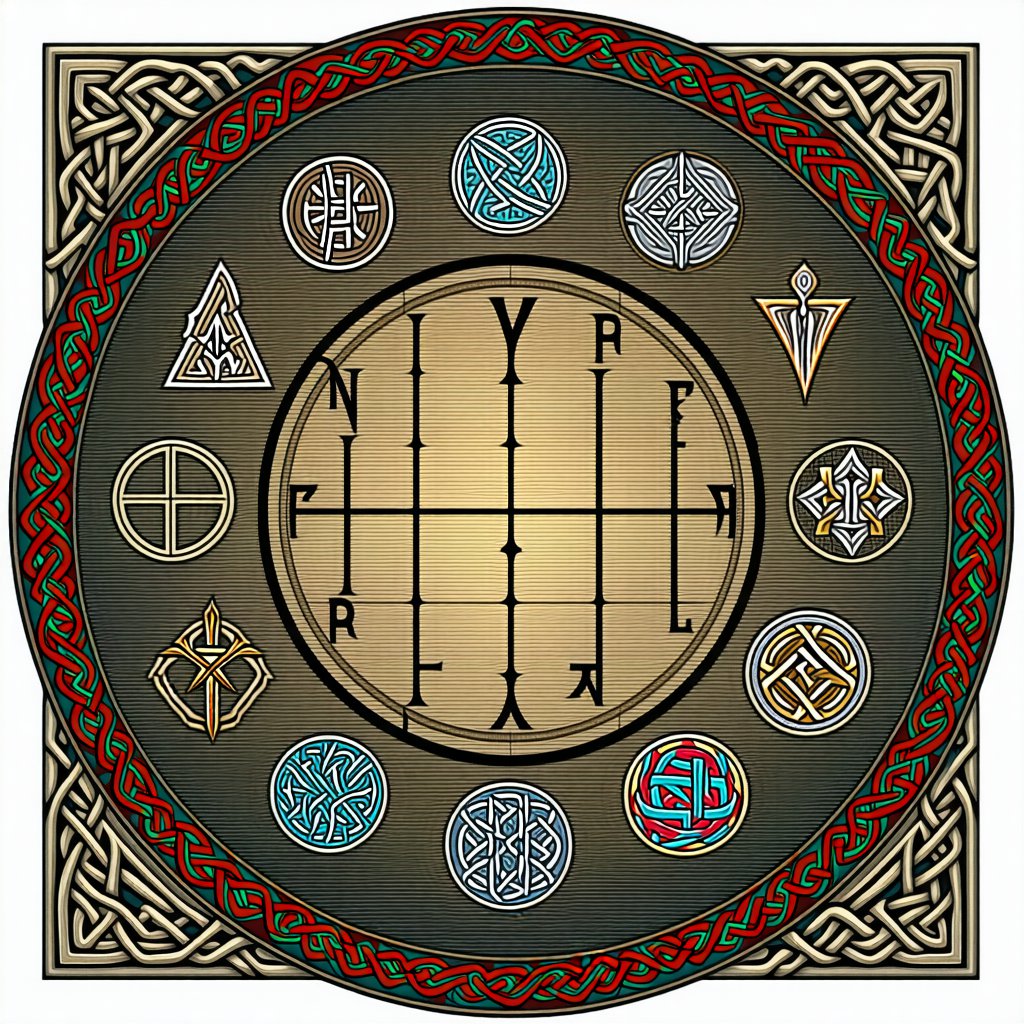 An artistic representation of Viking runes and name elements arranged in a circular pattern, with traditional Norse symbols and decorative knotwork surrounding them, showing the interconnected nature of Viking naming elements