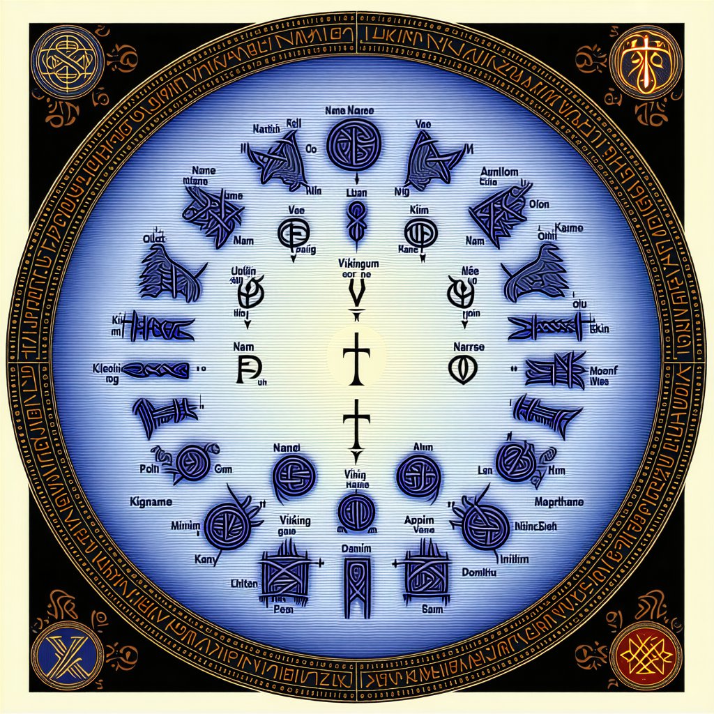 An artistic composition showing various Viking name elements written in both runic and Latin alphabets, arranged in a circular pattern around traditional Norse symbols, with visual connections showing how different elements combine to form complete names